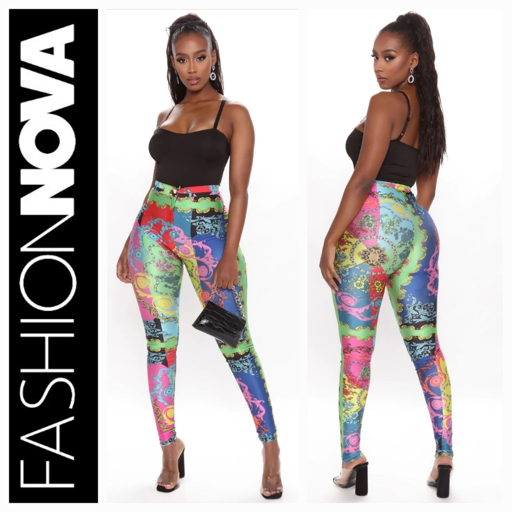 Fashion Nova Dipped in Baroque High Waist Pants - Pink/Combo Sz S